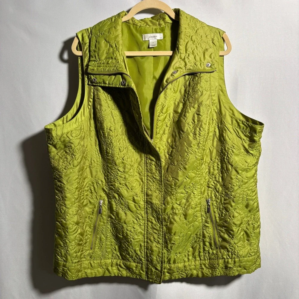 CJ Banks Green Quilted Zip Vest 2X Iridescent‎ Boho Casual Comfort Outdoor